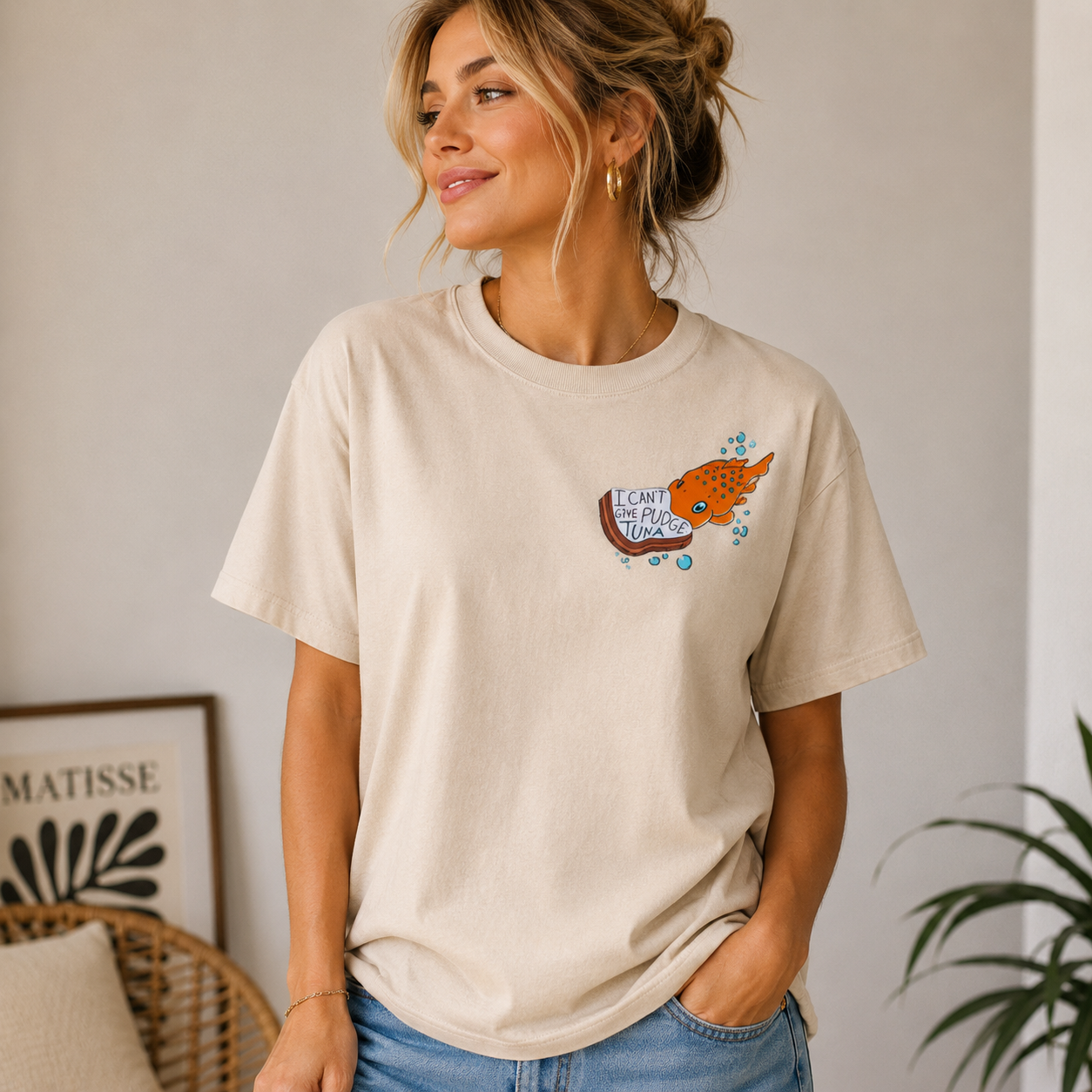 Funny Fish Sandwich Graphic T-Shirt – Washed Cream Oversized Streetwear Tee with Retro Humor Print