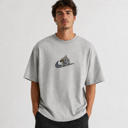 Minimalist Oversized Streetwear T-Shirt – Futuristic Armored Warrior Chest Graphic Tee
