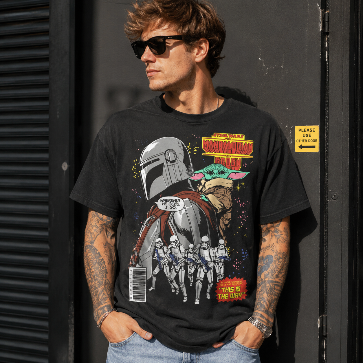 Retro Sci-Fi Space Bounty Hunter Helmet & Cute Alien Companion Comic Collage Graphic T-Shirt Vintage Streetwear Unisex Tee