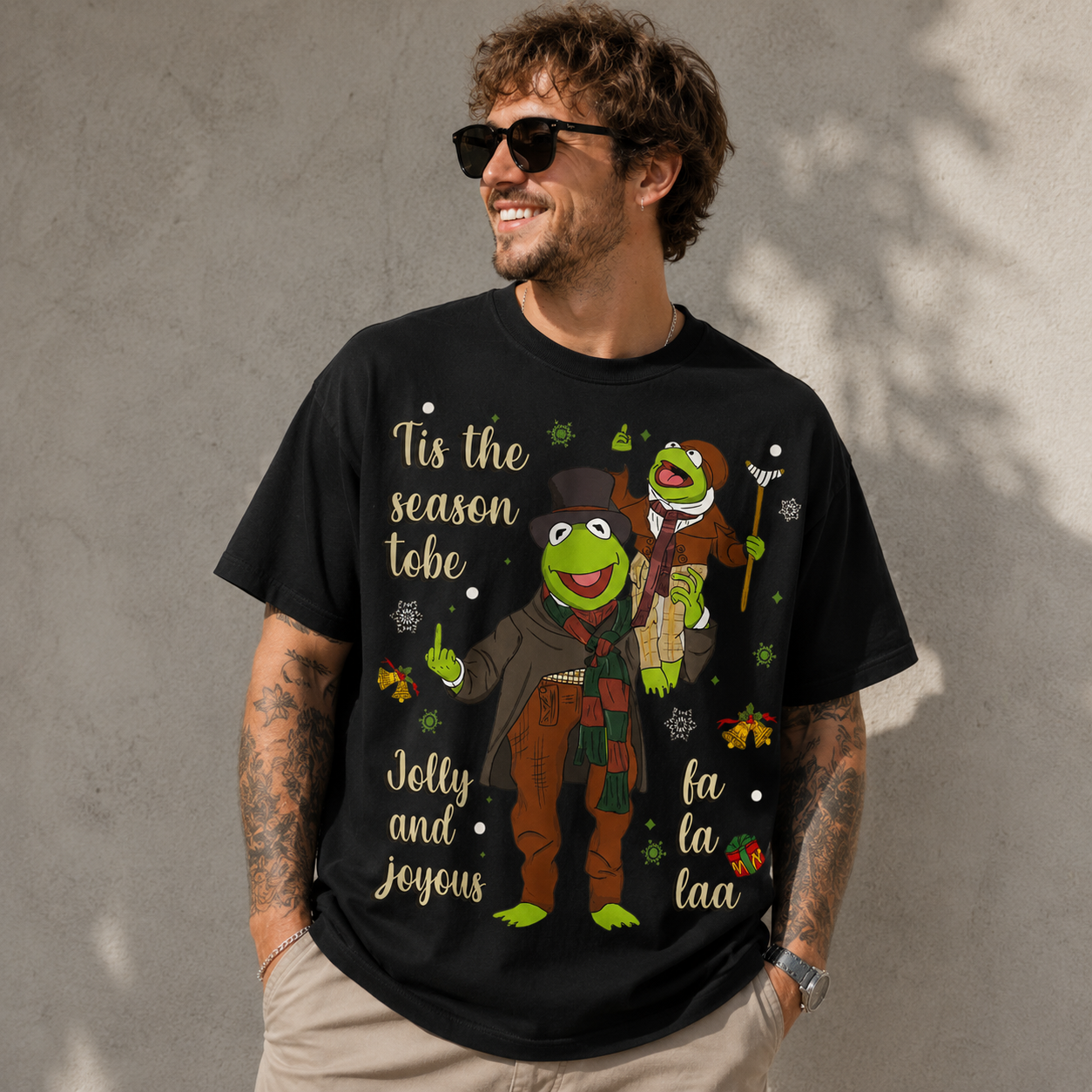 Festive Frog Duo Holiday Cartoon Graphic T-Shirt with Winter Celebration Slogan and Playful Seasonal Streetwear Design Casual Unisex Tee