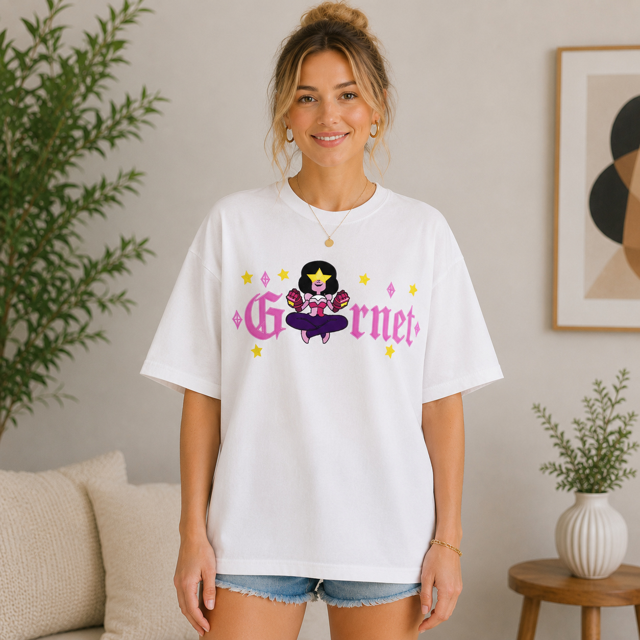 Gem-Inspired Meditative Cartoon Character Graphic T-Shirt with Star Accent Streetwear Unisex Casual Tee