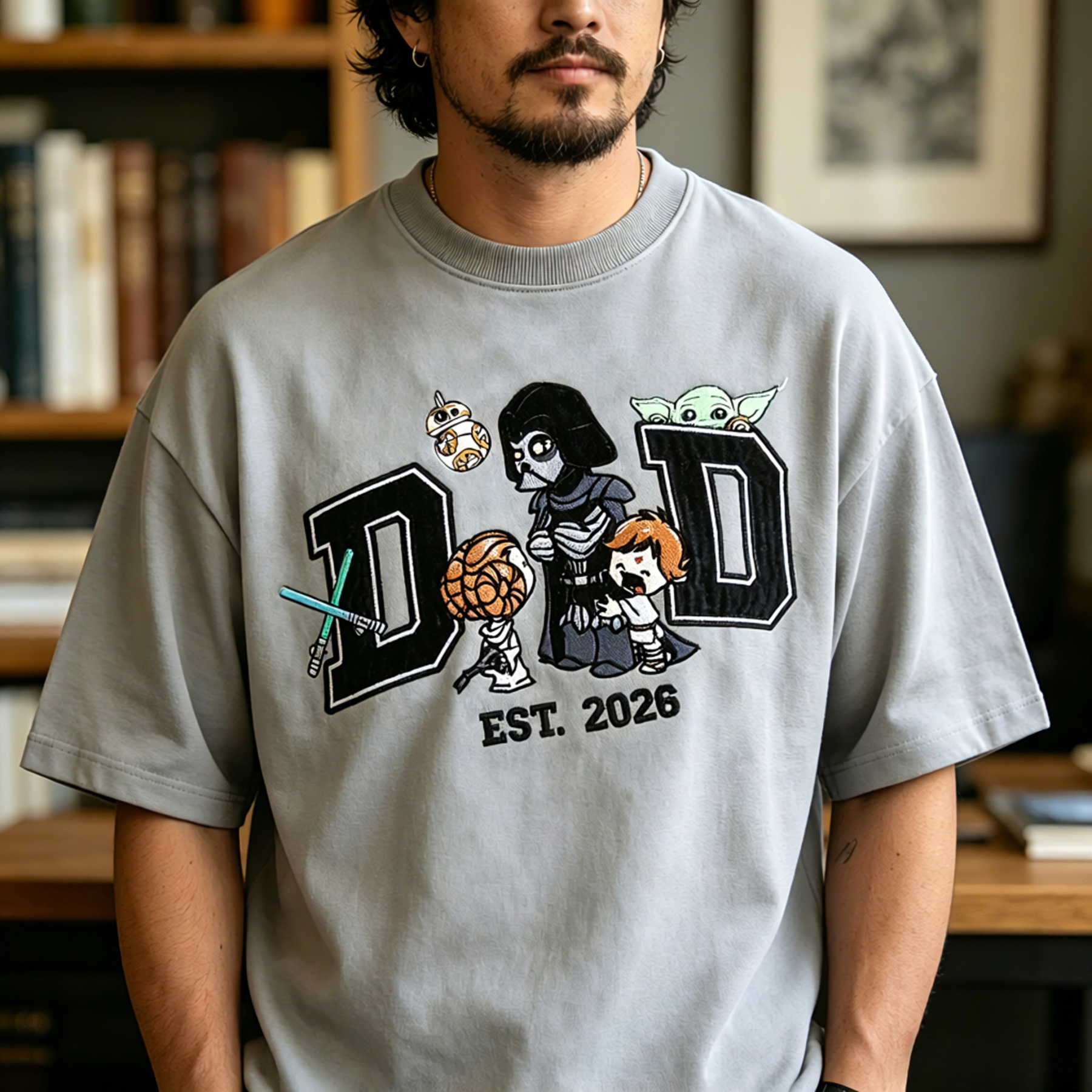 Retro Sci-Fi Space Warrior & Companion Cartoon Graphic Men’s T-Shirt with Varsity EST. 2026 Streetwear Design