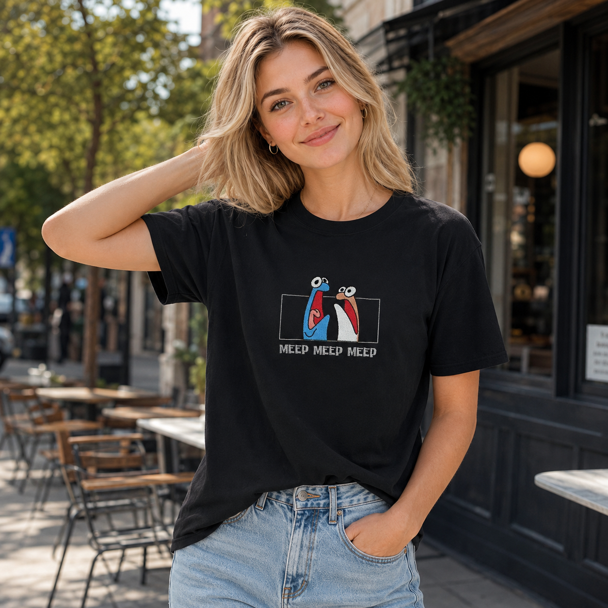 Minimalist Cartoon Bird Graphic T-Shirt – “Meep Meep Meep” Casual Cotton Streetwear Tee