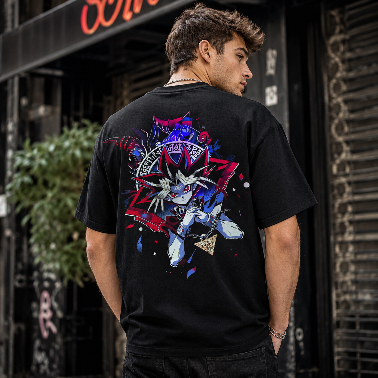 Anime-Inspired Dark Duelist Graphic T-Shirt – Bold Streetwear Black Tee with Neon Fantasy Character Design