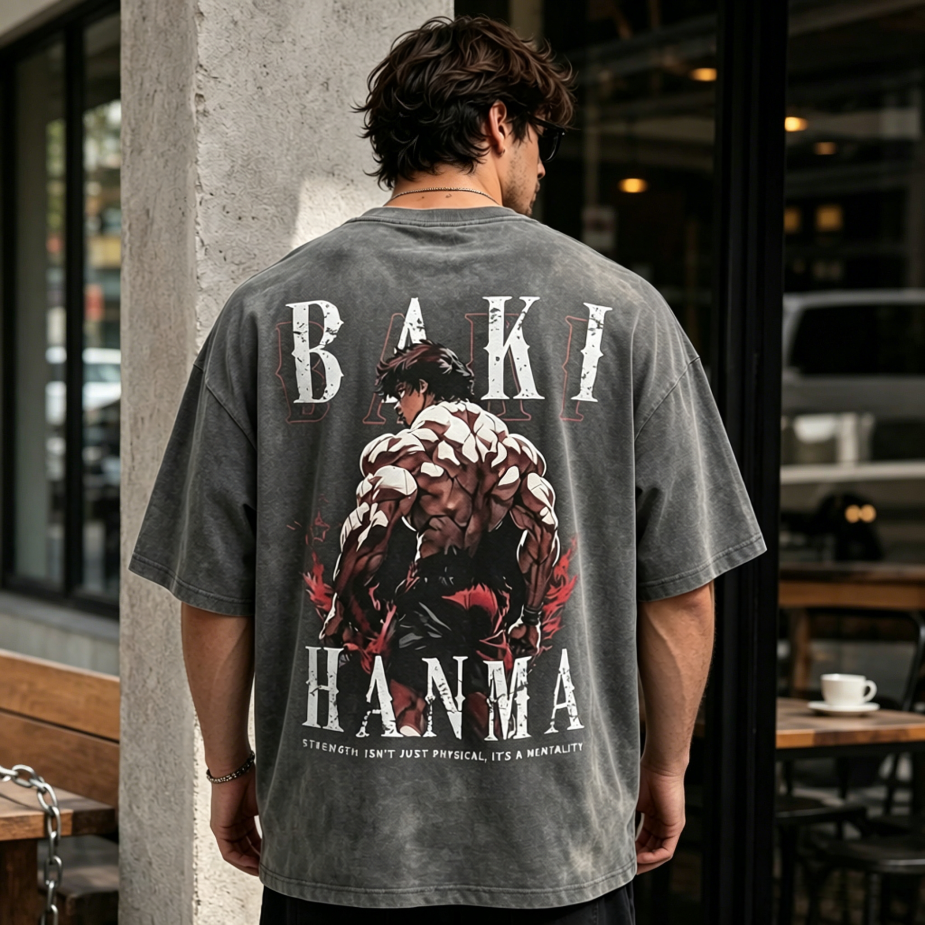 Washed Vintage Fighter Back Print Graphic T-Shirt – Oversized Streetwear Cotton Tee with Bold Muscle Illustration