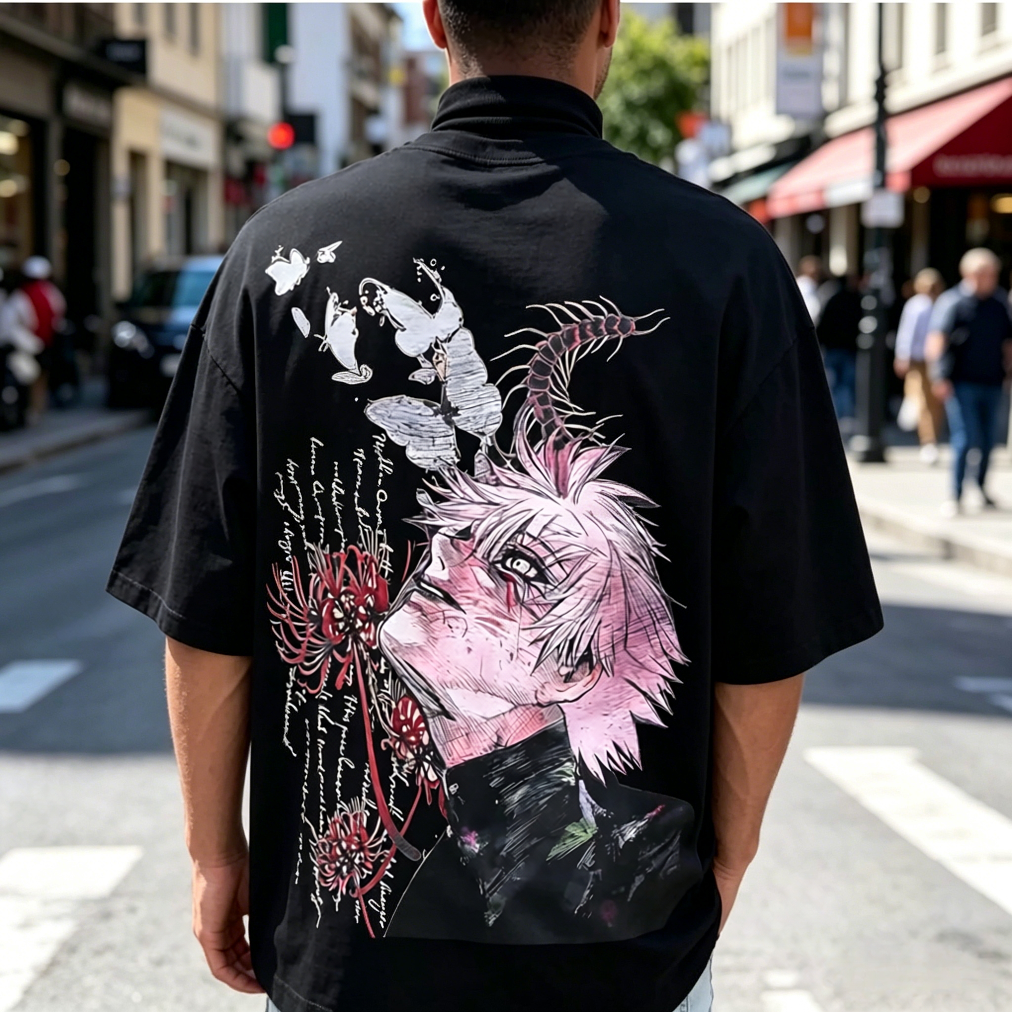 Dark Floral Anime-Inspired Graphic T-Shirt – Pink Character Back Print Streetwear Tee