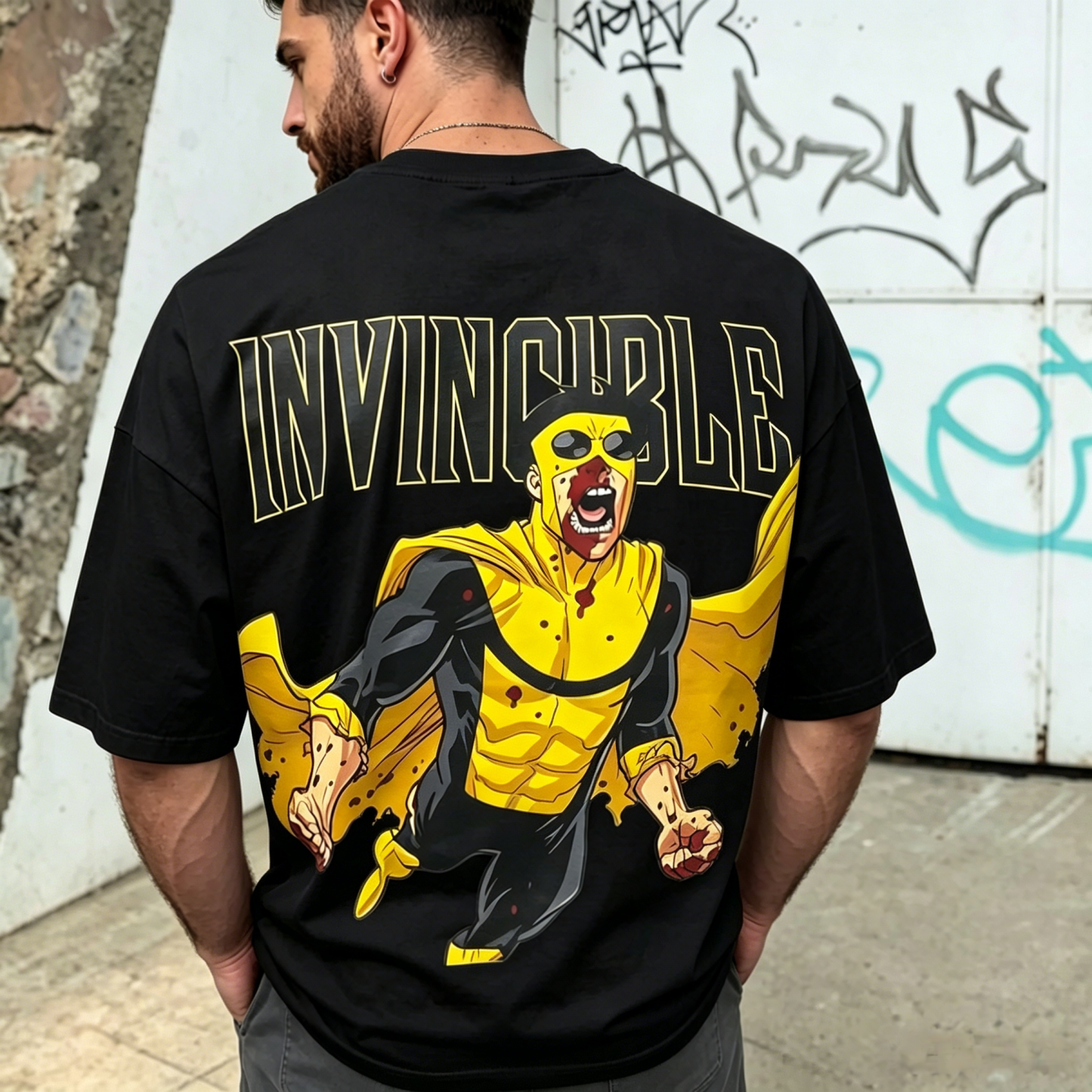 Unbeatable Hero Graphic Streetwear T-Shirt – Bold Yellow Superhero Oversized Tee