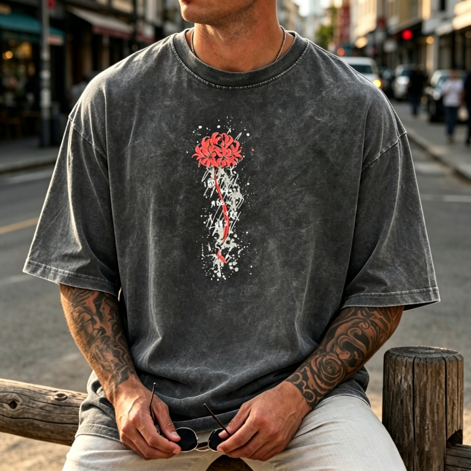 Dual-Sided Graphic Streetwear T-Shirt – Floral Minimal Front Design, Masked Character Back Illustration