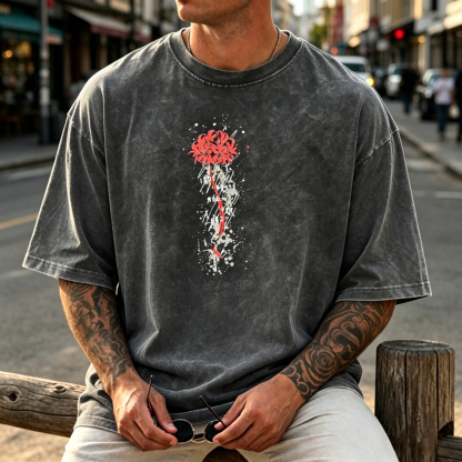 Dual-Sided Graphic Streetwear T-Shirt – Floral Minimal Front Design, Masked Character Back Illustration