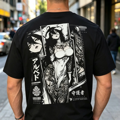 Dual-Sided Streetwear Graphic T-Shirt – Gothic Typography Front & Character Illustration Back Tee