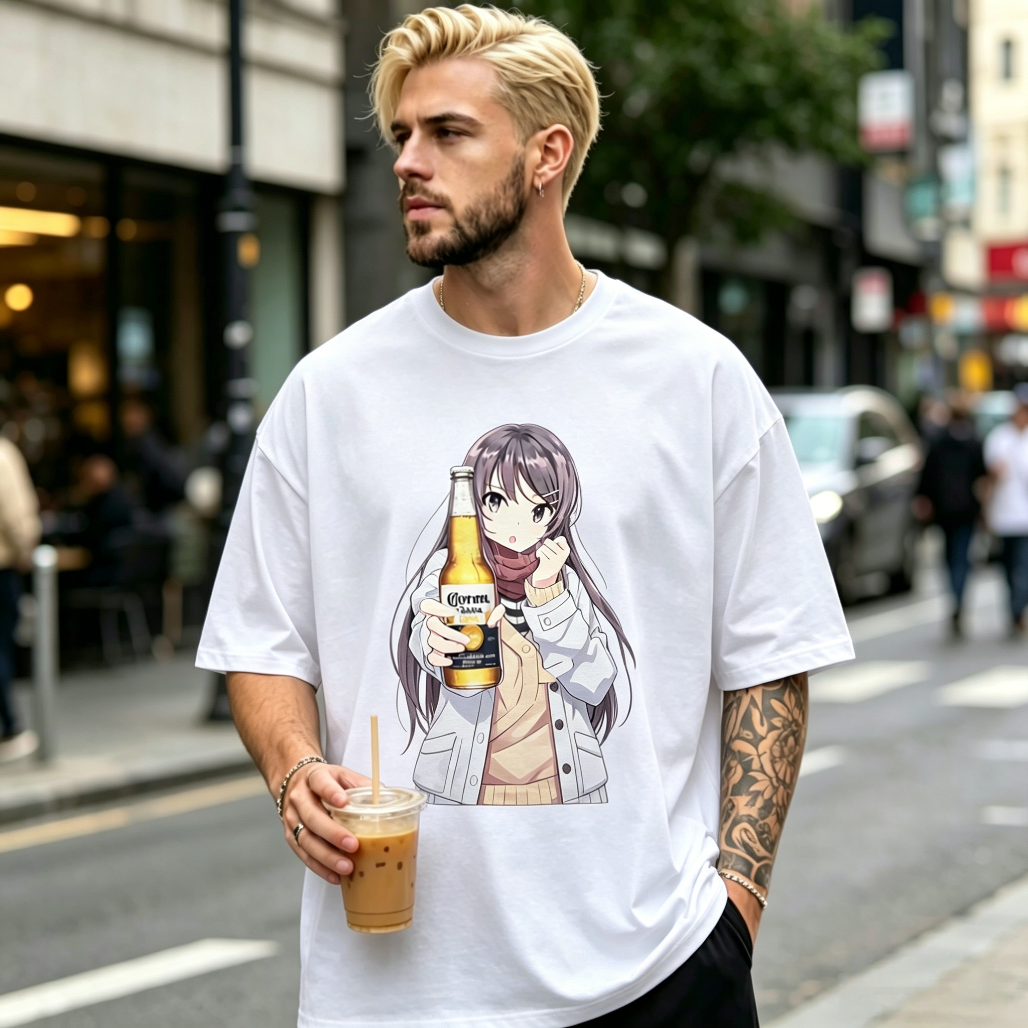 Anime Style Girl Holding Beer Bottle Graphic T-Shirt Casual Streetwear Tee