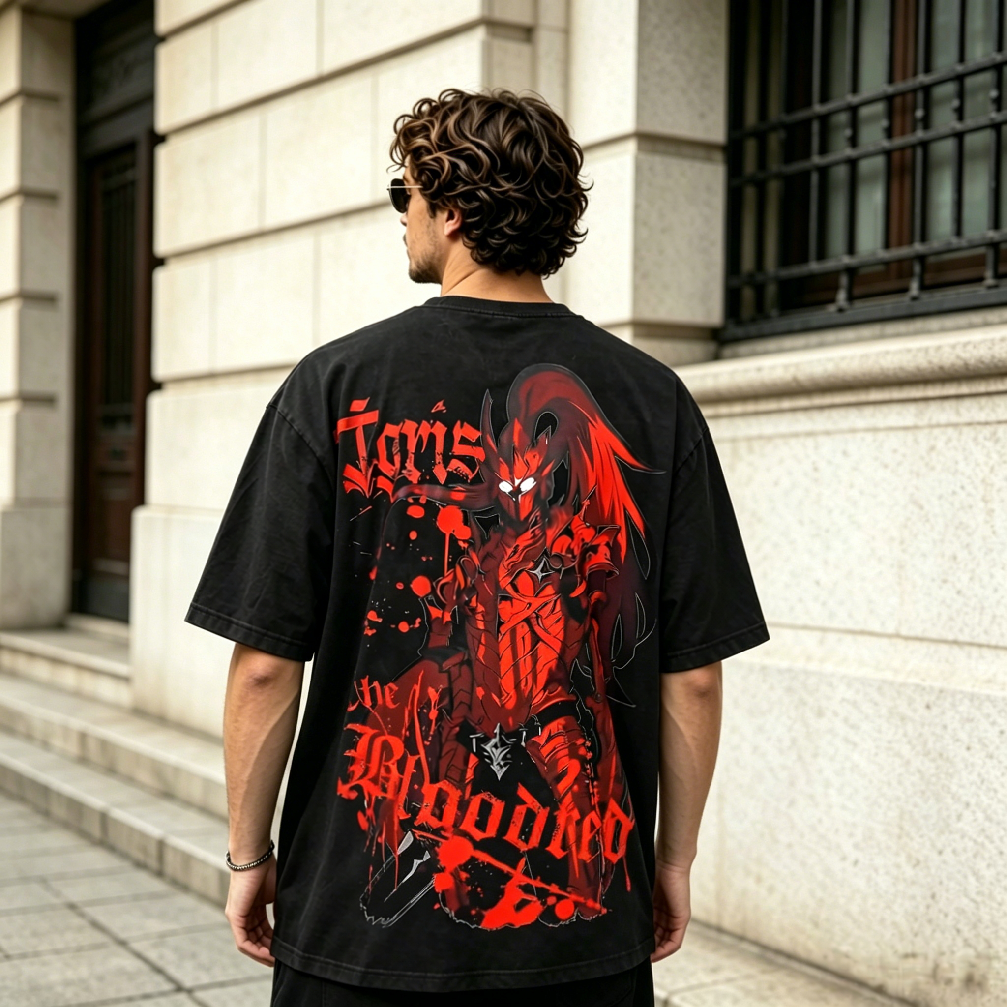 Crimson Cursed Blade Demon Warrior Dual-Sided Graphic Oversized Black Streetwear T-Shirt