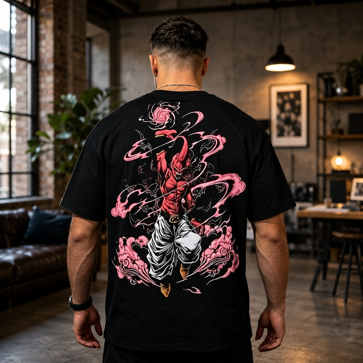 Pink Energy Demon Warrior Dual-Sided Graphic Oversized Black Streetwear T-Shirt