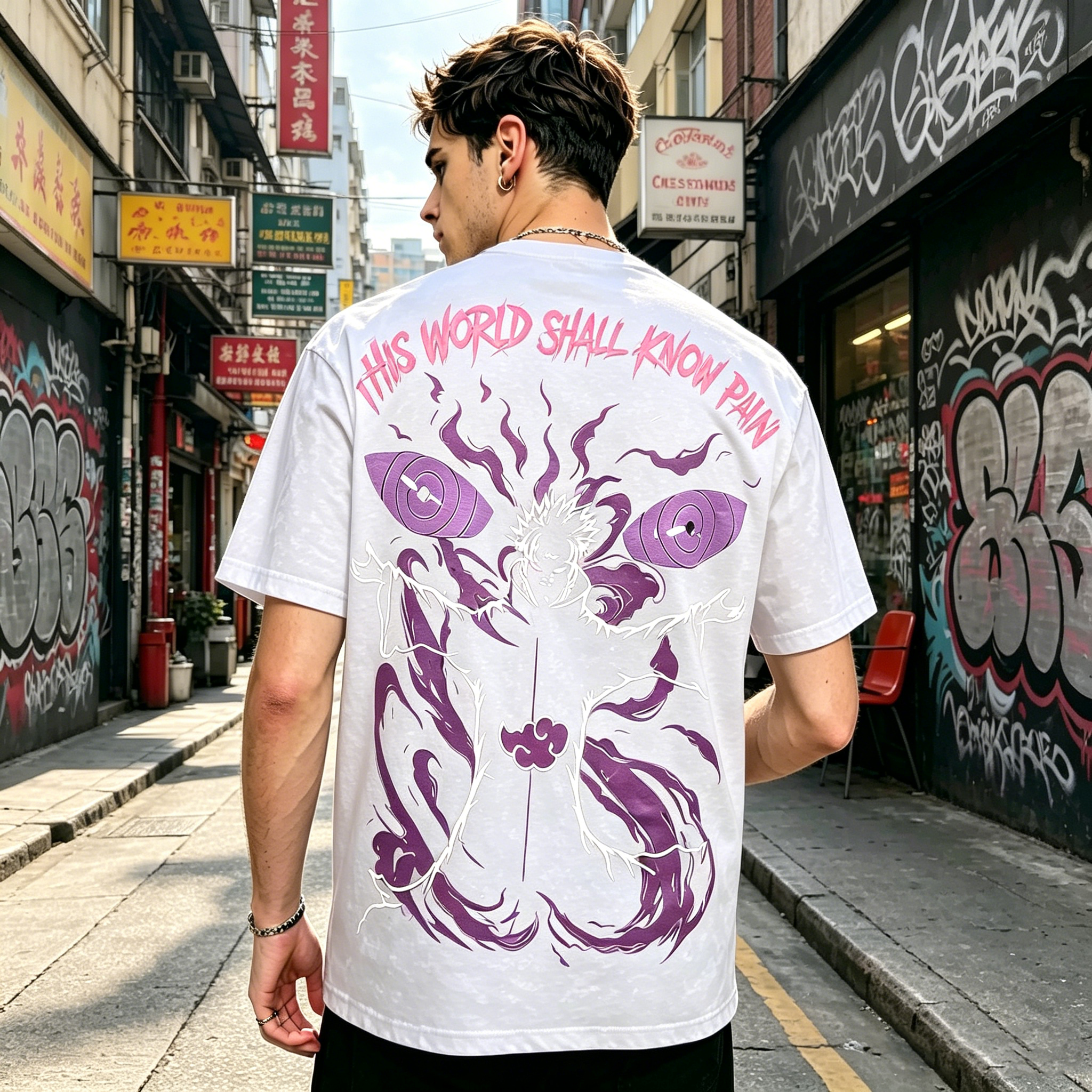 Dual-Sided Purple Energy Aura Character Graphic Oversized Black Streetwear T-Shirt