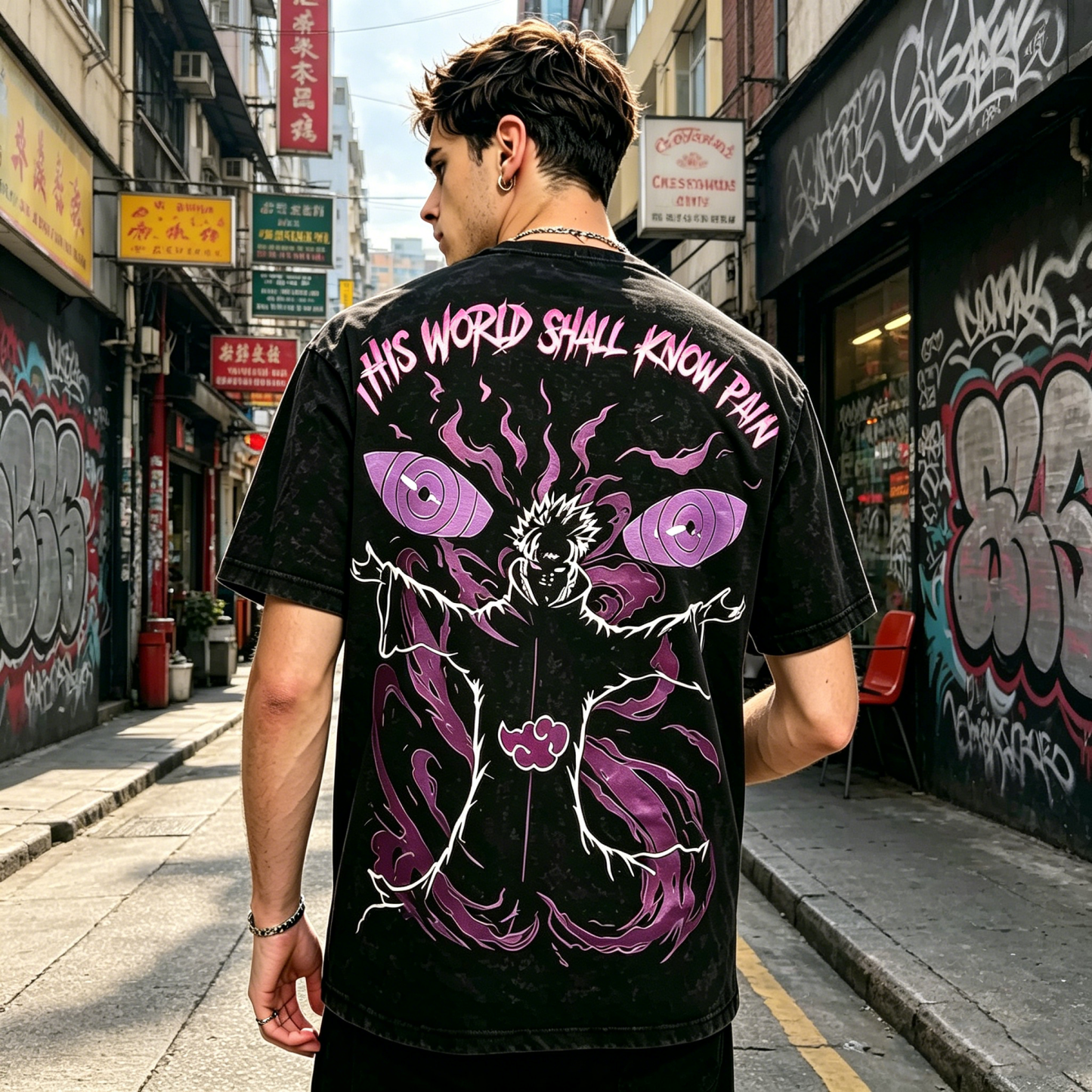 Dual-Sided Purple Energy Aura Character Graphic Oversized Black Streetwear T-Shirt
