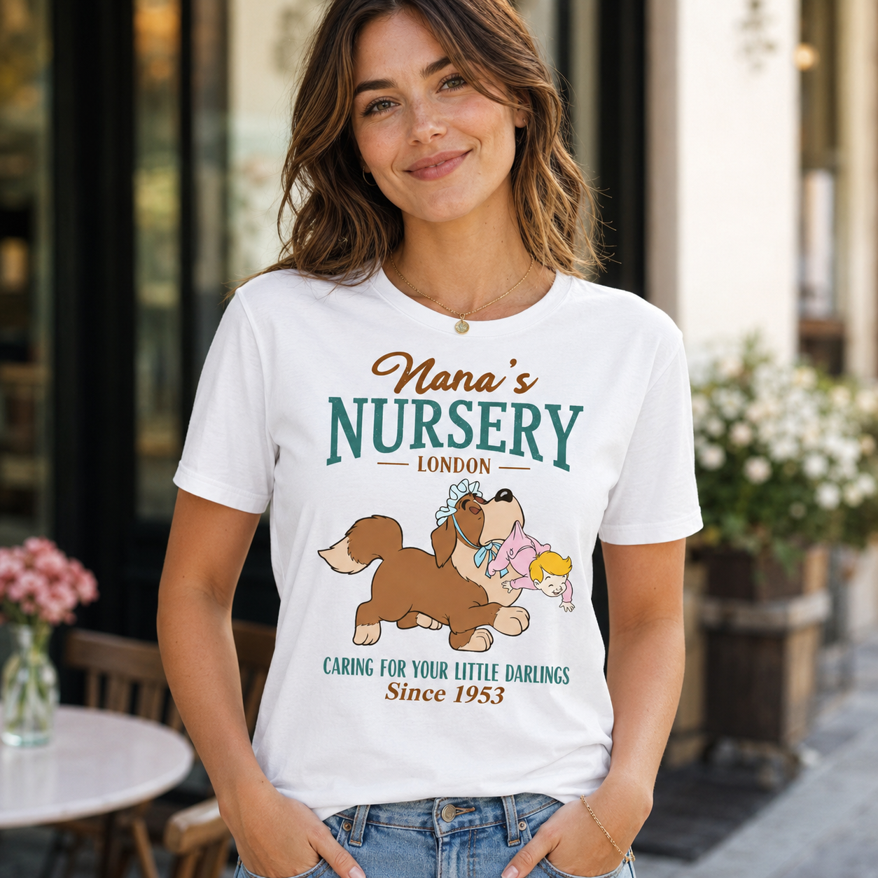 Vintage Nursery Dog Graphic T-Shirt with Retro Playful Character Artwork