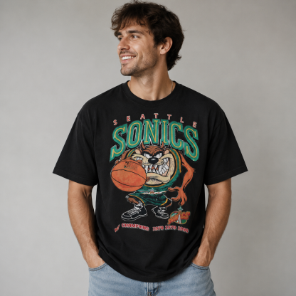 Seattle SuperSonics Vintage Basketball Graphic T-Shirt – Retro NBA Champions Streetwear Tee with Cartoon Mascot & Championship Year Print