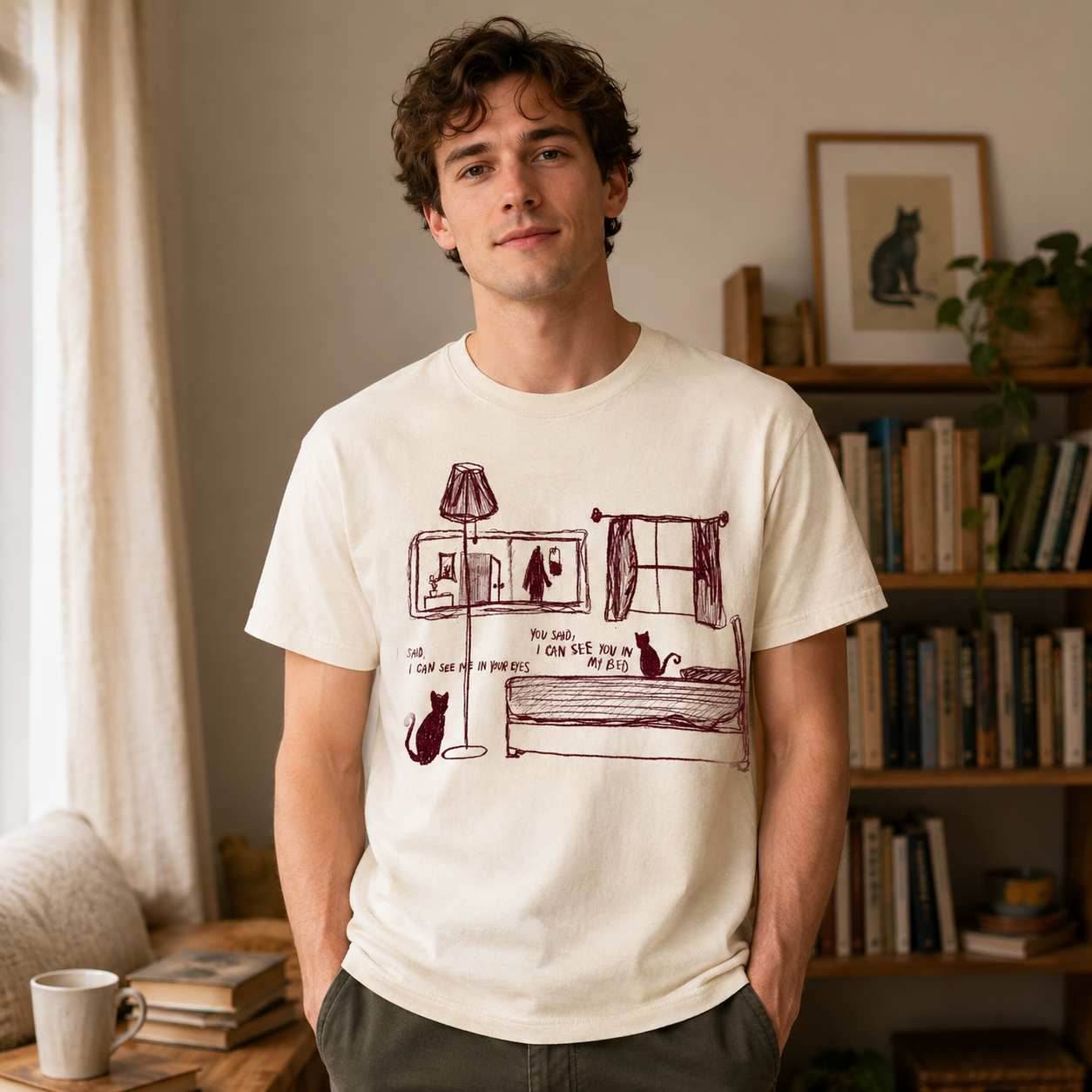 Cozy Cat Bedroom Sketch Graphic Short Sleeve T-Shirt – Book Lover Casual Reading Tee