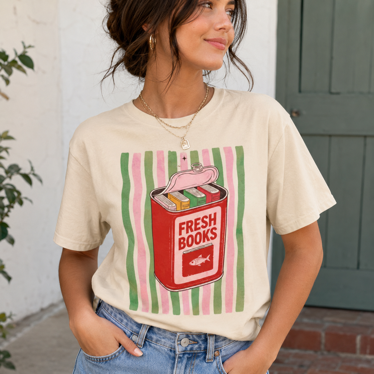 “Fresh Books Club” Retro Book Tin Graphic T-Shirt – Book Lover Aesthetic Reader Tee