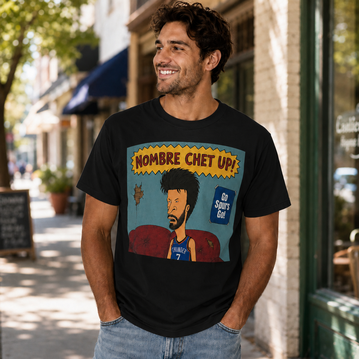 Vintage “NOMBRE CHET UP!” Cartoon Basketball Graphic T-Shirt – Retro Streetwear Sports Tee with Illustrated NBA-Inspired Player Design, Game Day Humor Print & Casual Athletic Fan Style