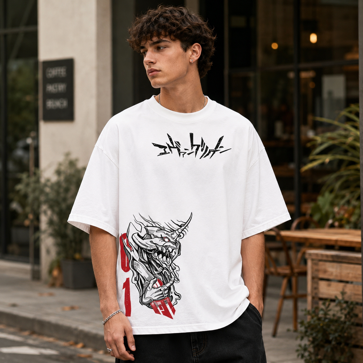 Mecha Warrior Dual-Sided Graphic Oversized Streetwear T-Shirt with Minimal Front Print