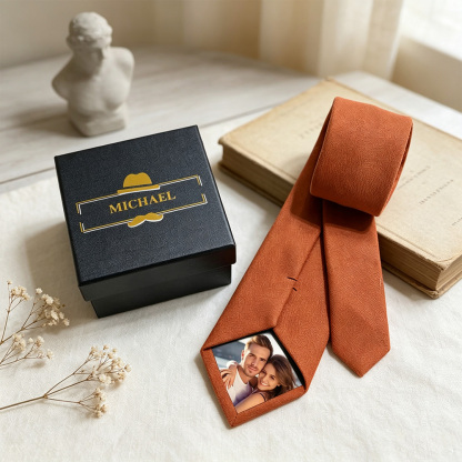 Personalized Photo Tie with Custom Name, Hidden Photo Patch Necktie in Gift Box, Wedding Tie Gift for Husband Dad Boyfriend Groomsmen