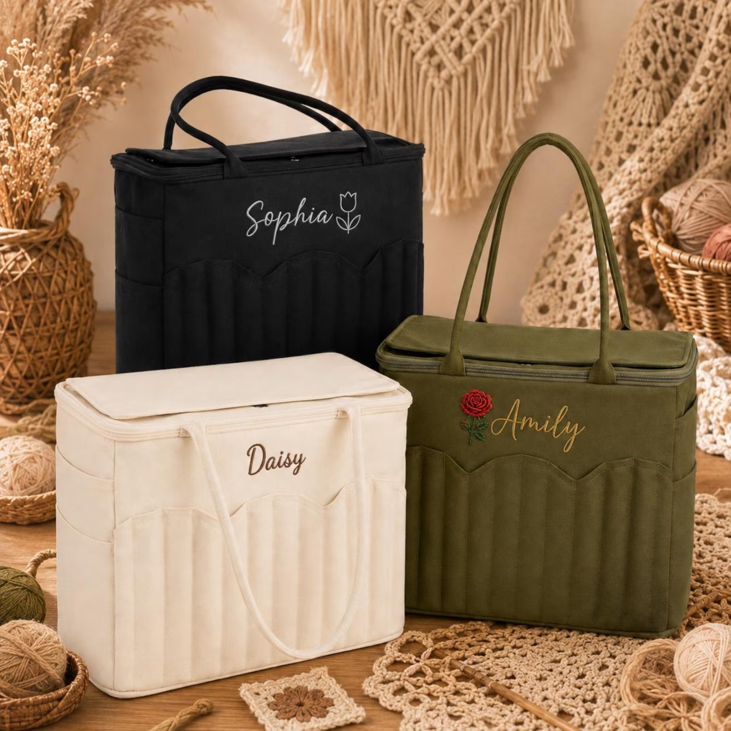Personalized Embroidered Crochet & Knitting Storage Bag – Customizable Craft Organizer with Multiple Compartments for Yarn, Hooks, and Needles