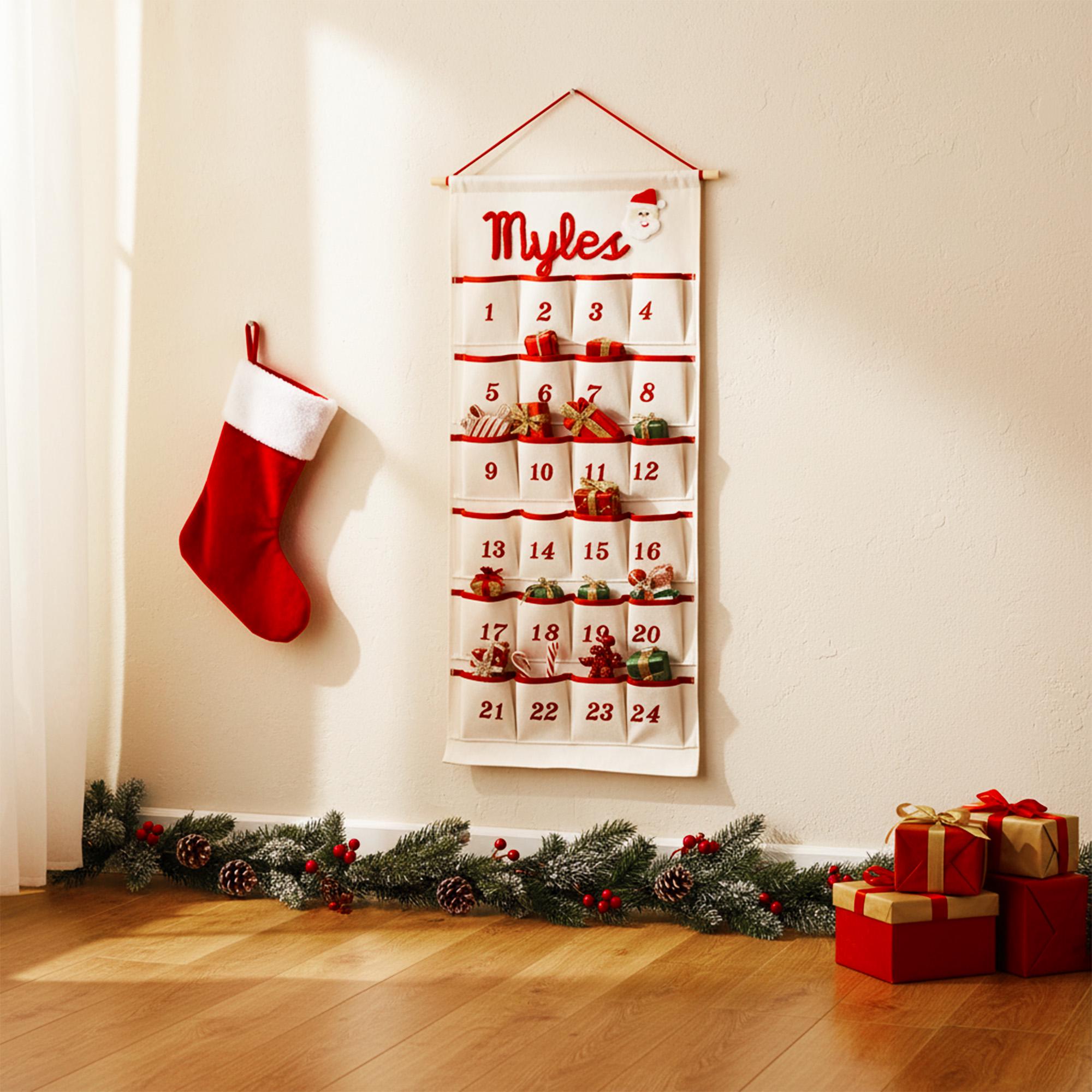 Personalized Christmas Advent Calendar – Custom Name Embroidered Fabric Countdown with 24 Pockets, Red or Green Strap, Reusable Holiday Decor for Kids & Families