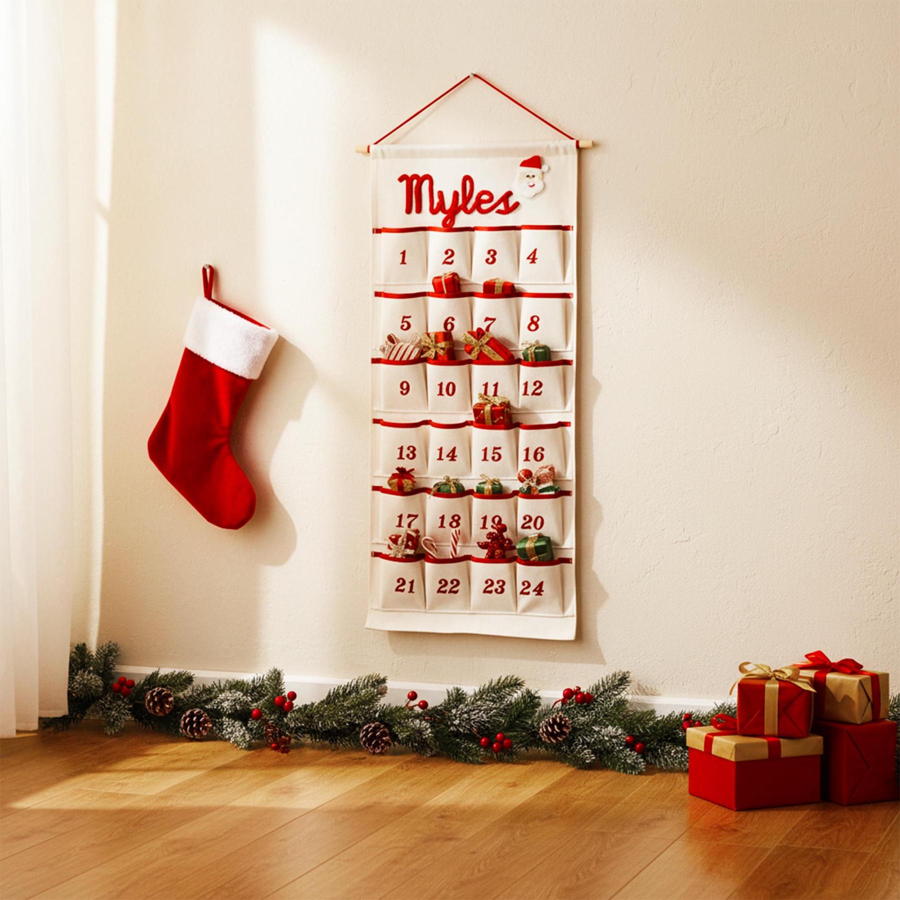 Personalized Christmas Advent Calendar – Custom Name Embroidered Fabric Countdown with 24 Pockets, Red or Green Strap, Reusable Holiday Decor for Kids & Families