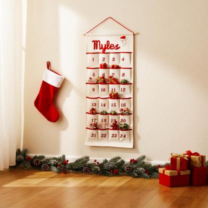 Personalized Christmas Advent Calendar – Custom Name Embroidered Fabric Countdown with 24 Pockets, Red or Green Strap, Reusable Holiday Decor for Kids & Families