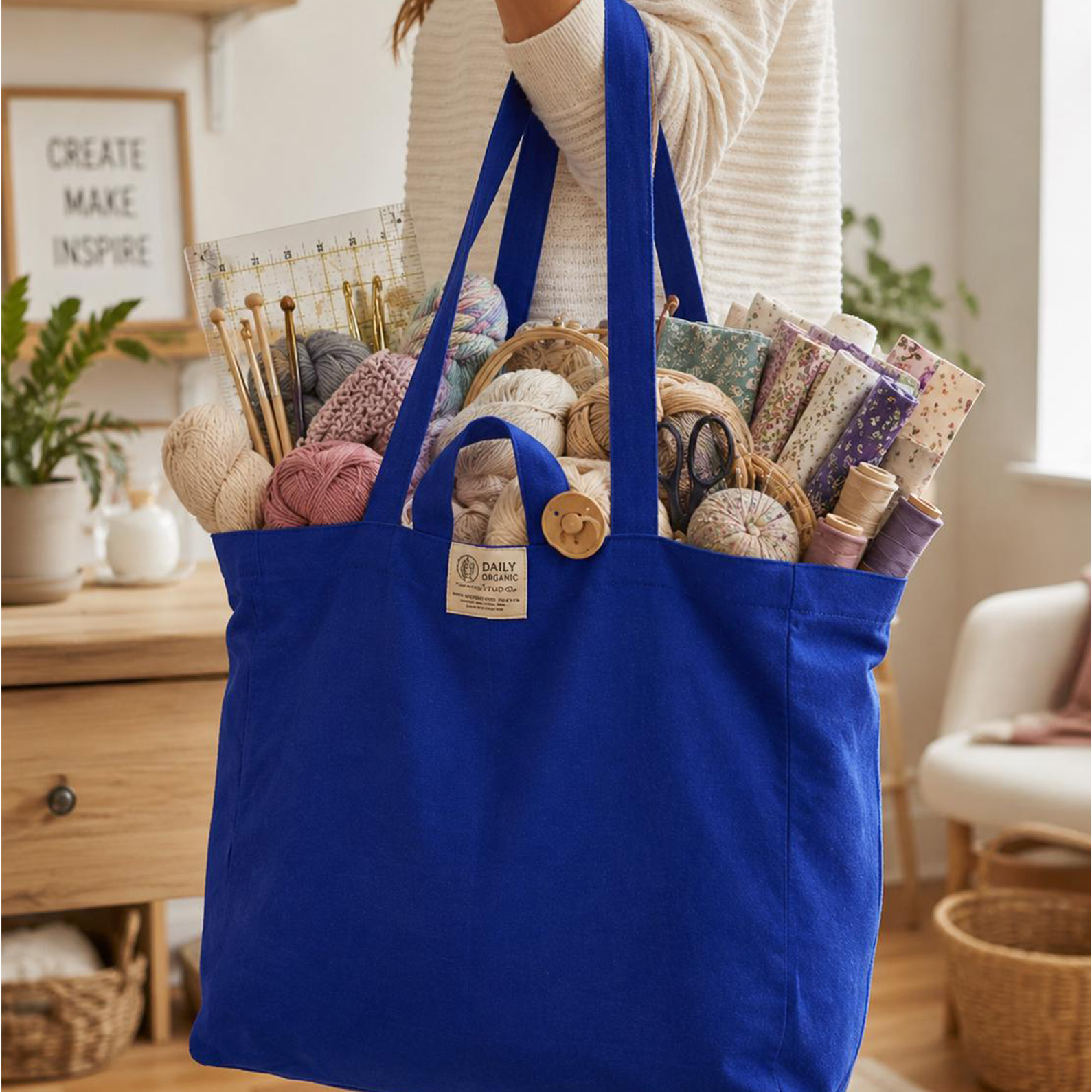  Large Canvas Knitting Project Tote – Multi-Pocket Yarn Organizer Bag with Shoulder Strap for Crochet, Sewing & Craft Supplies