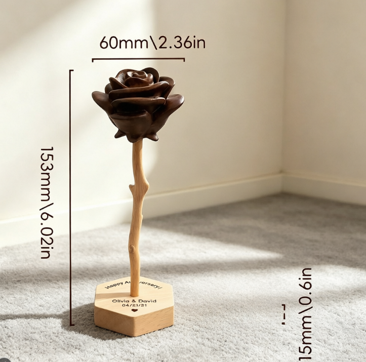 Realistic Solid Wood Rose Sculpture – Personalized Hexagon Base Home Decor, Unique Keepsake for Her, Wife, Mom or Girlfriend