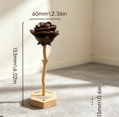 Realistic Solid Wood Rose Sculpture – Personalized Hexagon Base Home Decor, Unique Keepsake for Her, Wife, Mom or Girlfriend