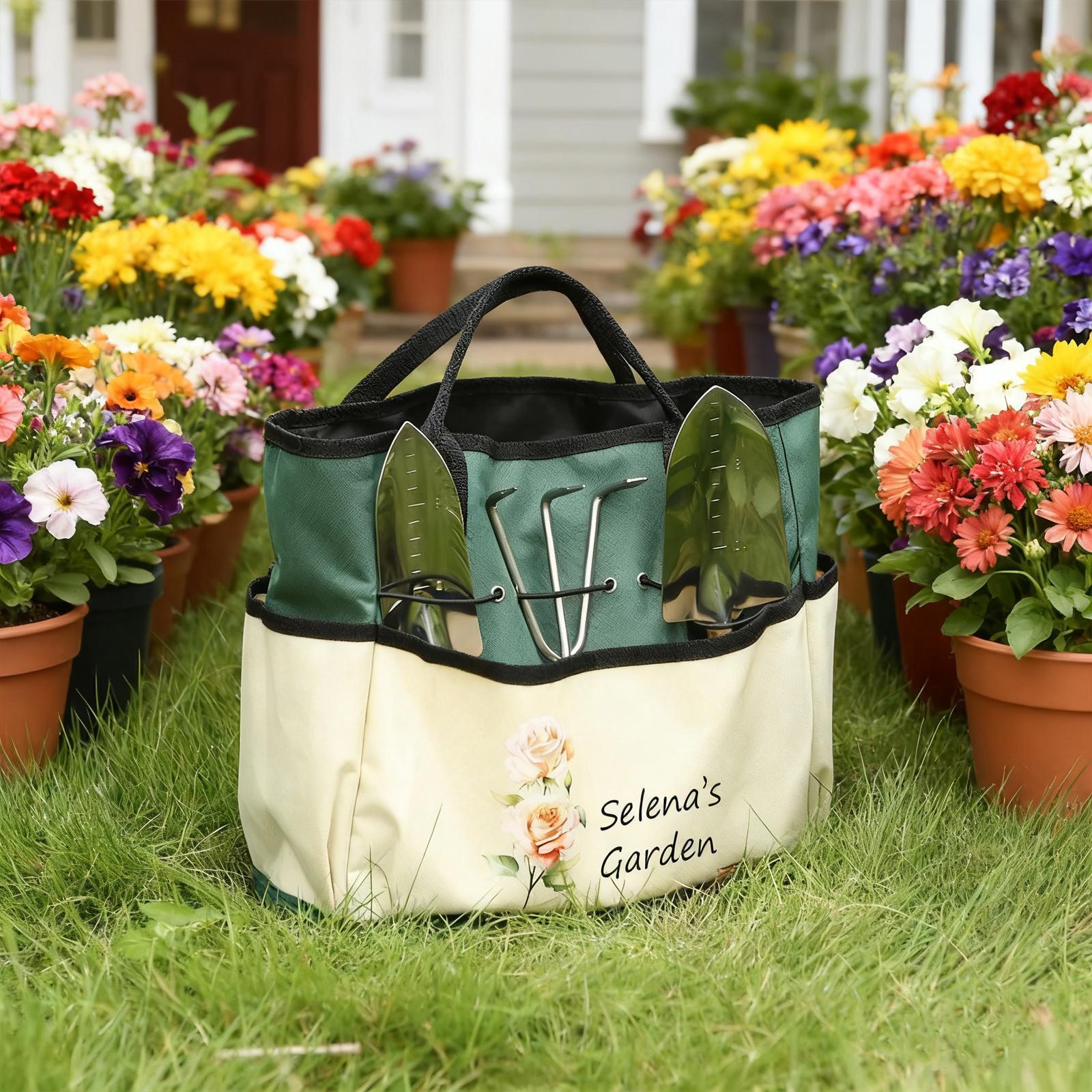 Personalized Gardening Tool Organizer Bag – A custom birth-flower themed gardening gift designed for moms, grandmothers, or gardening enthusiasts.