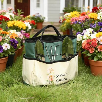 Personalized Gardening Tool Organizer Bag – A custom birth-flower themed gardening gift designed for moms, grandmothers, or gardening enthusiasts.