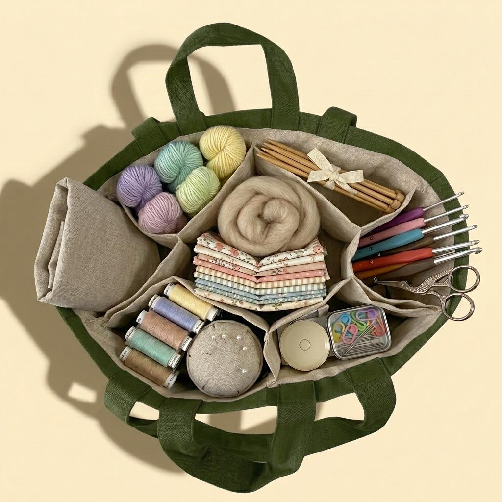  Large Canvas Knitting Project Tote – Multi-Pocket Yarn Organizer Bag with Shoulder Strap for Crochet, Sewing & Craft Supplies