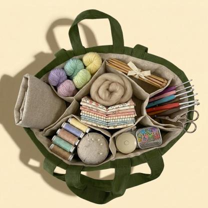  Large Canvas Knitting Project Tote – Multi-Pocket Yarn Organizer Bag with Shoulder Strap for Crochet, Sewing & Craft Supplies
