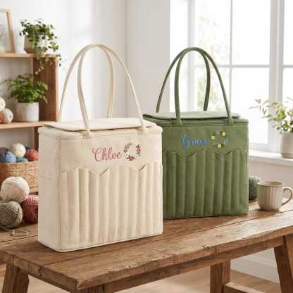 Personalized Floral Wreath Canvas Knitting Bag – Custom Embroidered Yarn Tote with Needle Pockets for Crochet & Craft Supplies