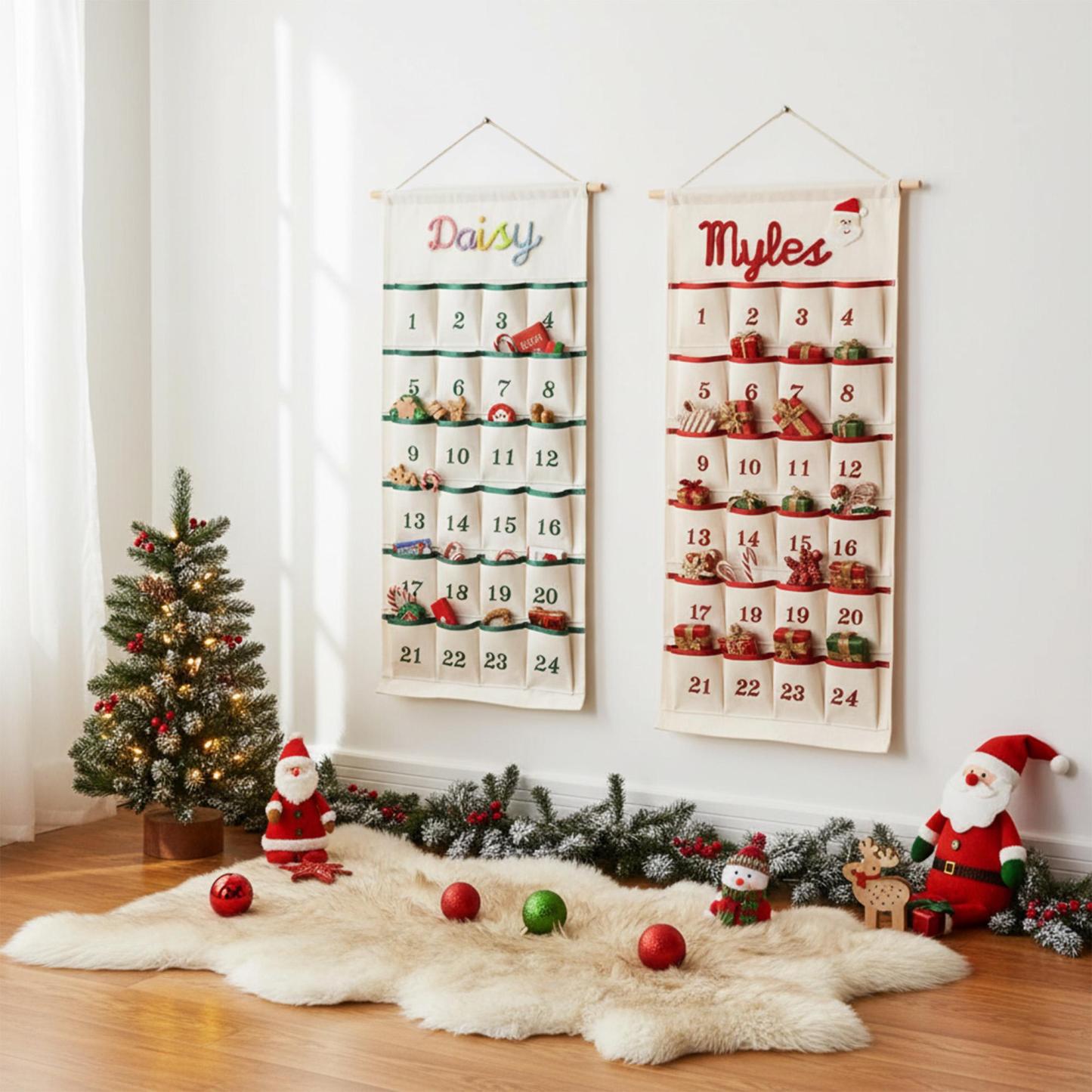 Personalized Christmas Advent Calendar – Custom Name Embroidered Fabric Countdown with 24 Pockets, Red or Green Strap, Reusable Holiday Decor for Kids & Families