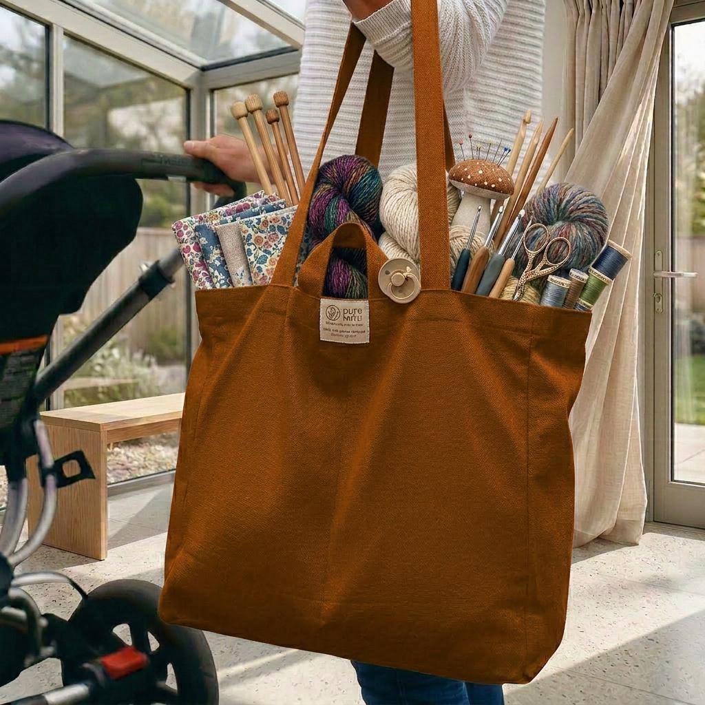  Large Canvas Knitting Project Tote – Multi-Pocket Yarn Organizer Bag with Shoulder Strap for Crochet, Sewing & Craft Supplies