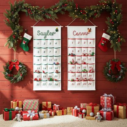 Personalized Christmas Advent Calendar – Custom Name Embroidered Fabric Countdown with 24 Pockets, Red or Green Strap, Reusable Holiday Decor for Kids & Families