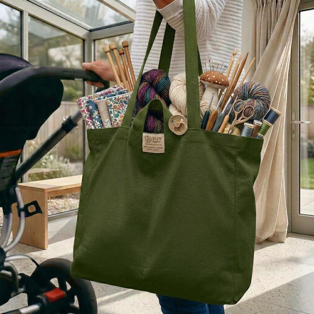  Large Canvas Knitting Project Tote – Multi-Pocket Yarn Organizer Bag with Shoulder Strap for Crochet, Sewing & Craft Supplies