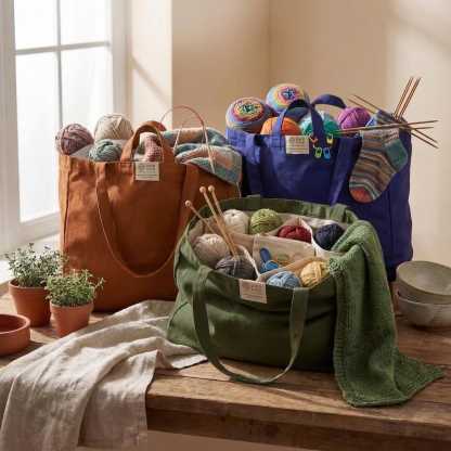  Large Canvas Knitting Project Tote – Multi-Pocket Yarn Organizer Bag with Shoulder Strap for Crochet, Sewing & Craft Supplies