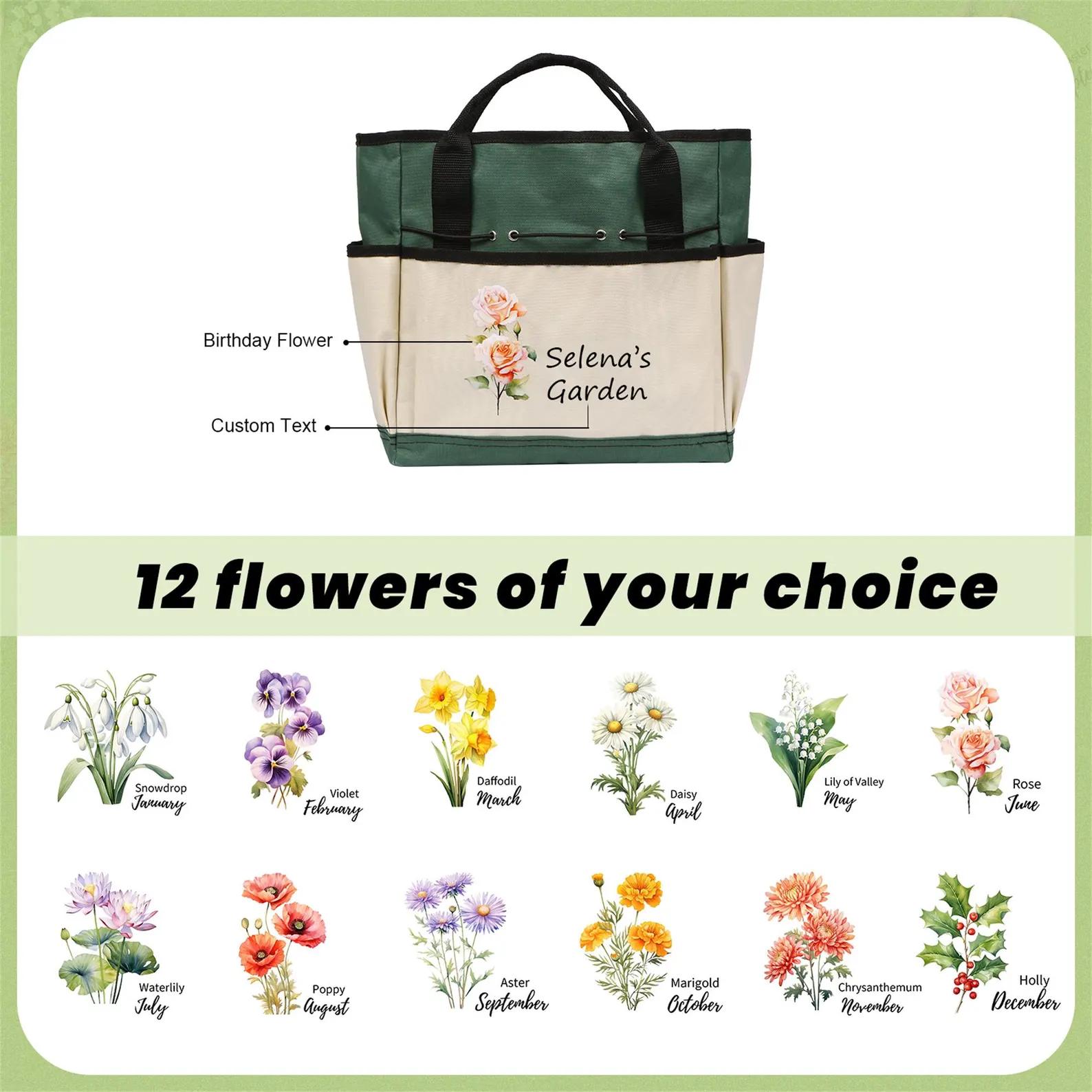 Personalized Gardening Tool Organizer Bag – A custom birth-flower themed gardening gift designed for moms, grandmothers, or gardening enthusiasts.