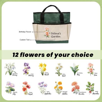 Personalized Gardening Tool Organizer Bag – A custom birth-flower themed gardening gift designed for moms, grandmothers, or gardening enthusiasts.