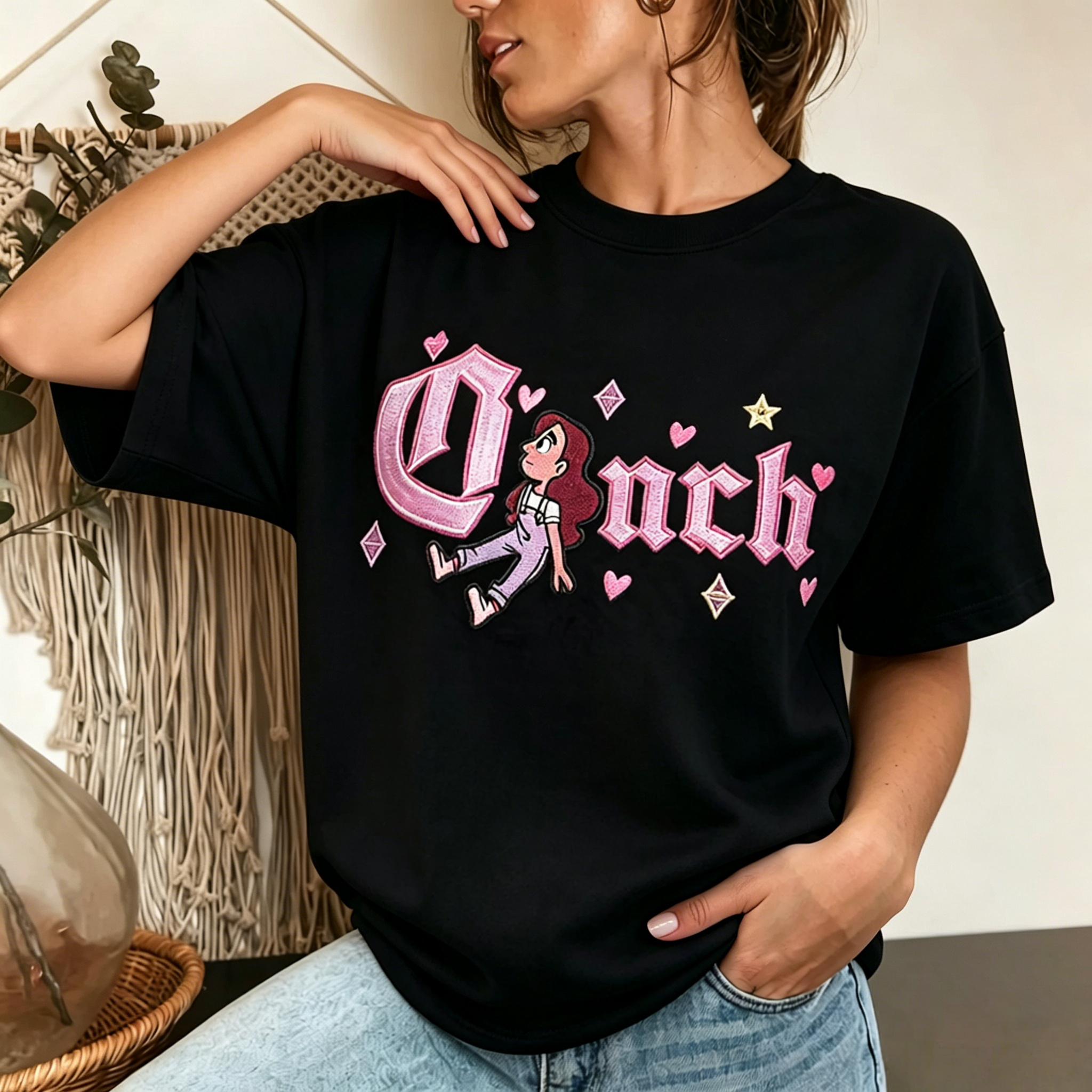 Gothic Pink Letter Cartoon Girl Graphic T-Shirt with Heart and Star Accent Women’s Streetwear Tee