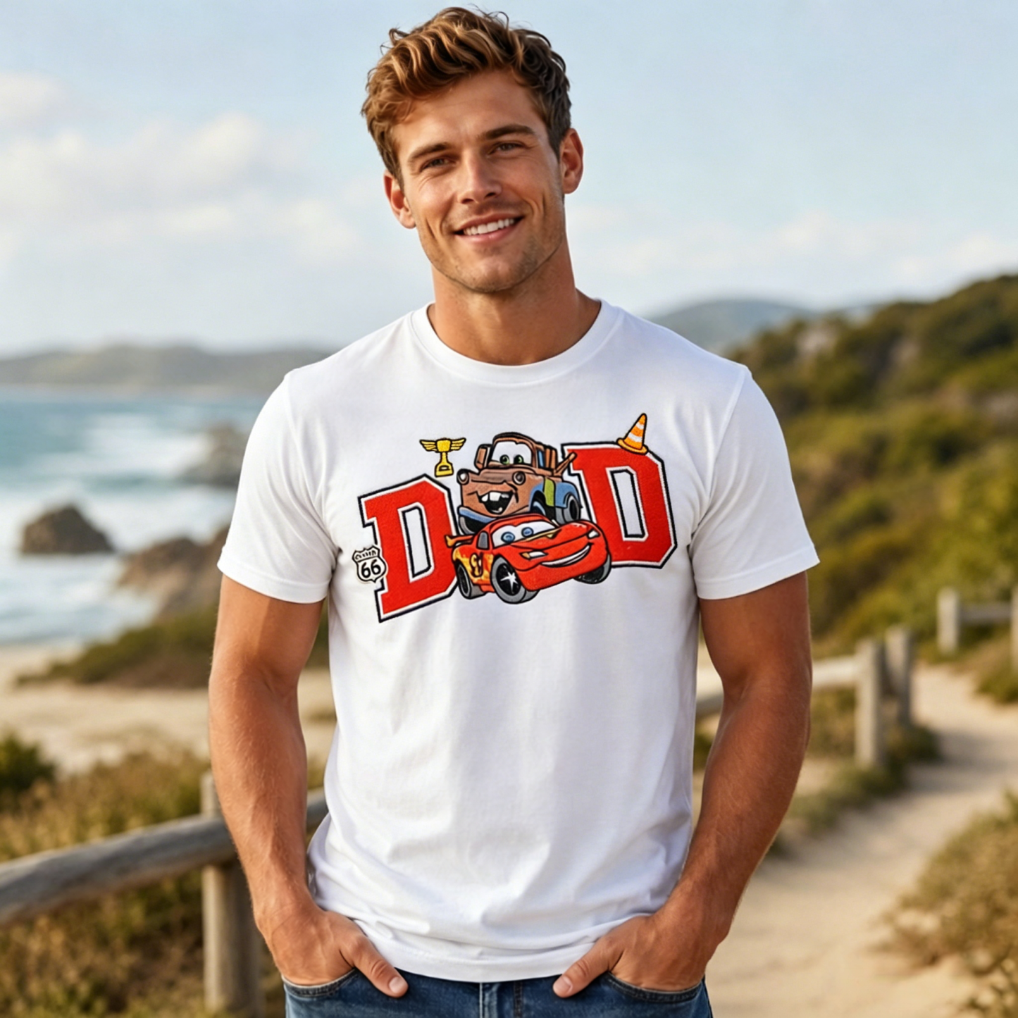 Retro Cartoon Racing Car Graphic T-Shirt with Bold “DAD” Lettering Streetwear Casual Tee