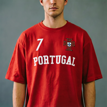Portugal National Team CR7 #7 Retro-Style Graphic Soccer T-Shirt — A streetwear-inspired tee blending retro jersey aesthetics.