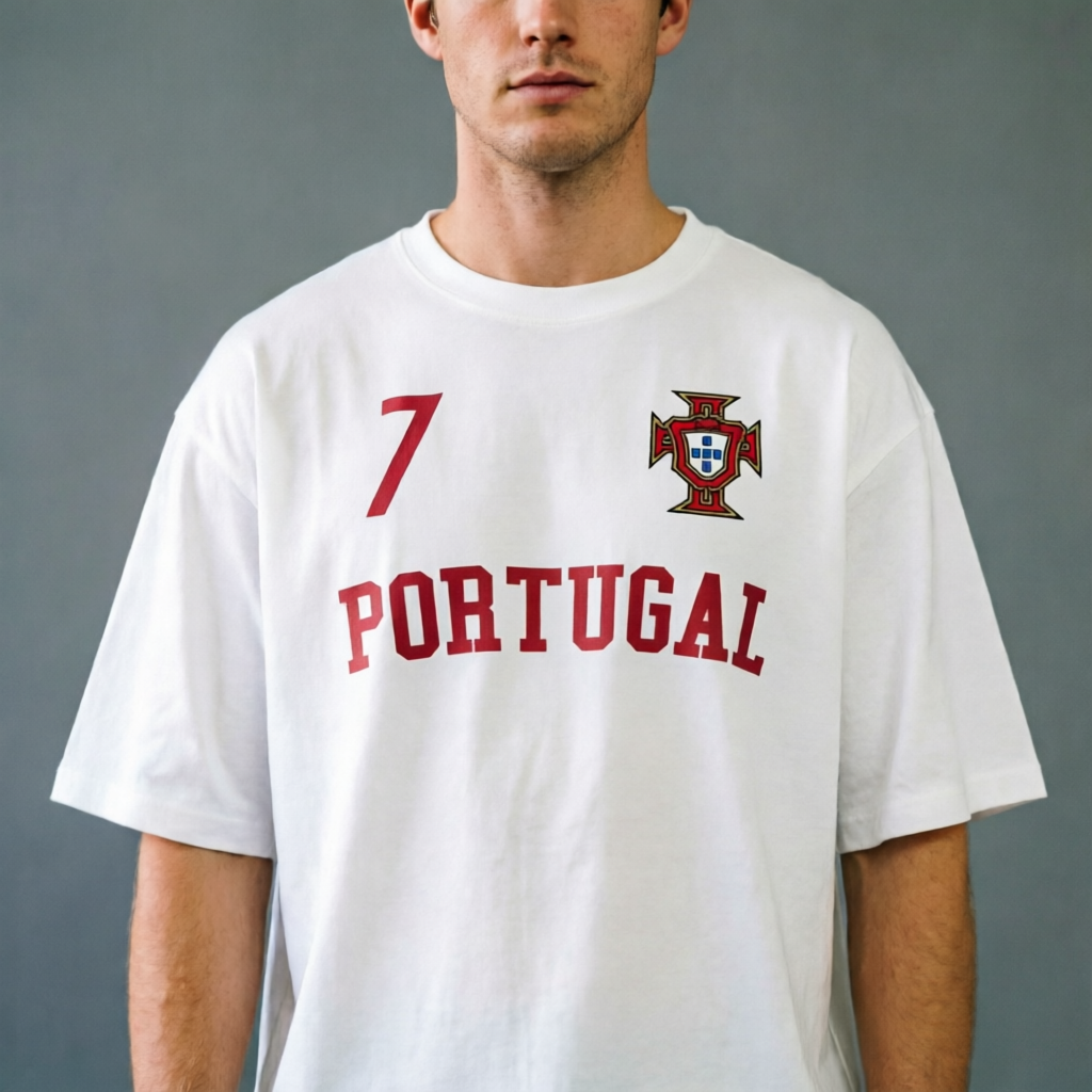 Portugal National Team CR7 #7 Retro-Style Graphic Soccer T-Shirt — A streetwear-inspired tee blending retro jersey aesthetics.
