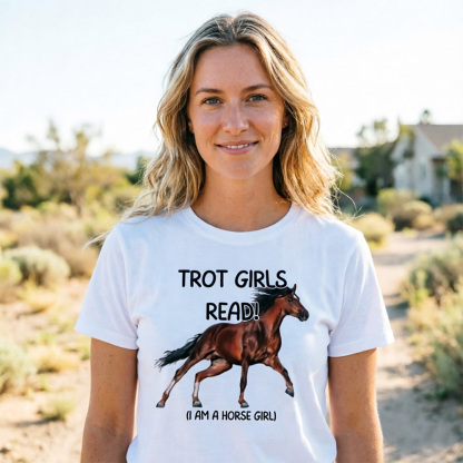 “Trot Girls Read!” Horse Girl Book Lover Graphic T-Shirt – Equestrian Reading Club Tee